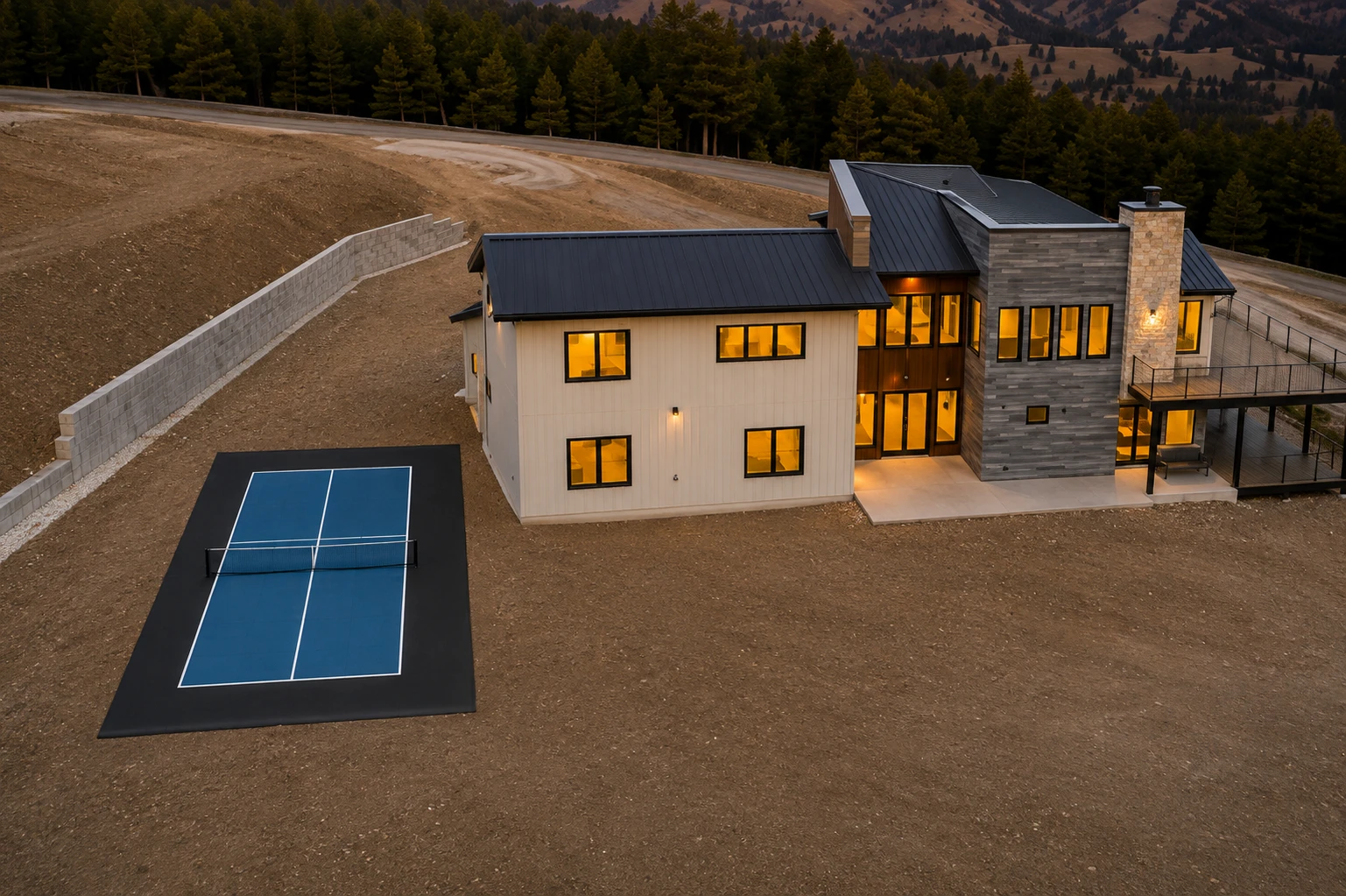 A rendering shows a proposed pickleball court beside the house at dusk