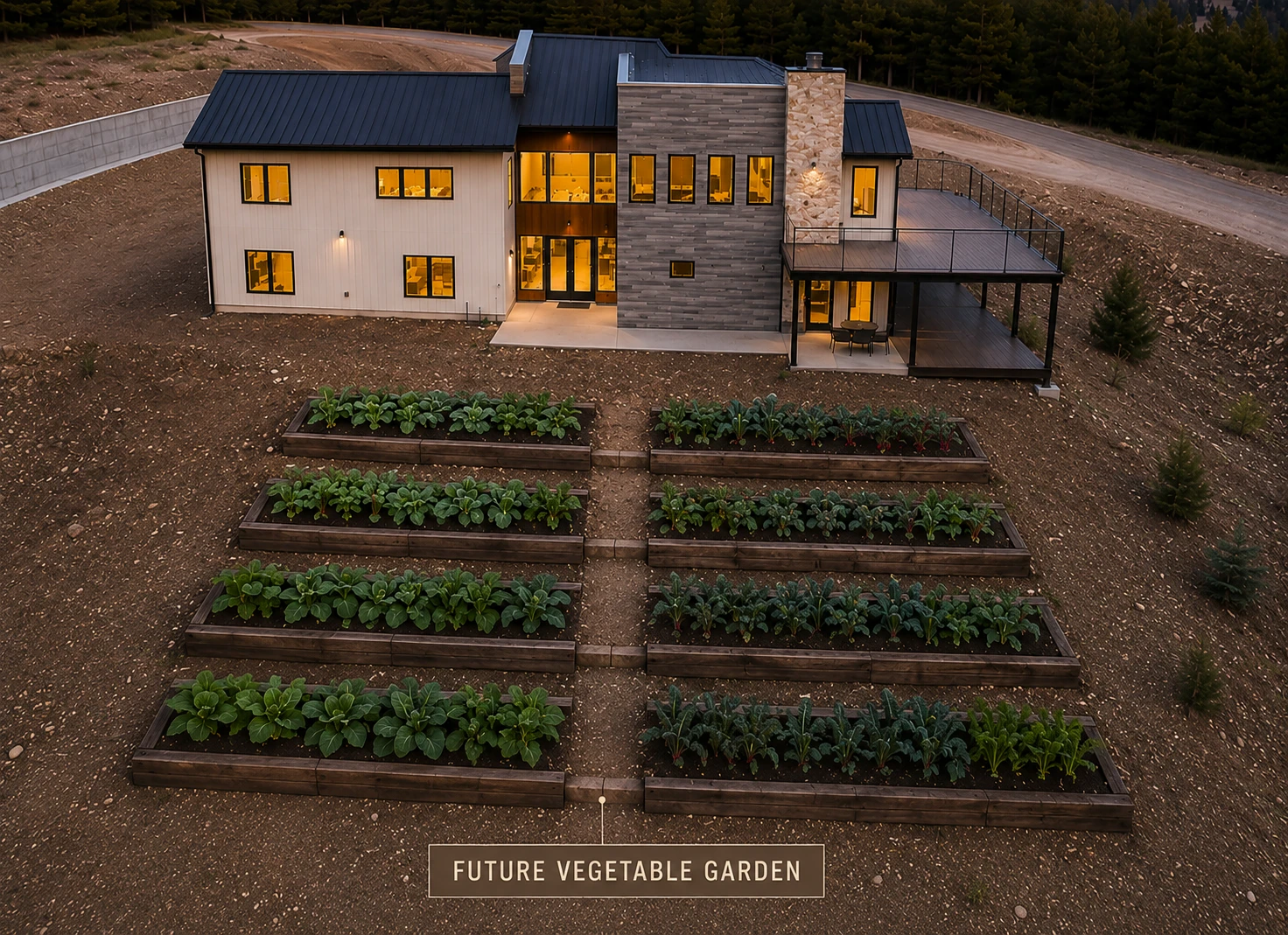 A rendering shows rows of raised vegetable beds in front of the house
